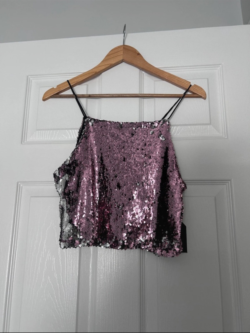 Forever 21 Pink and Silver Sequin Crop Cami with Black Straps
